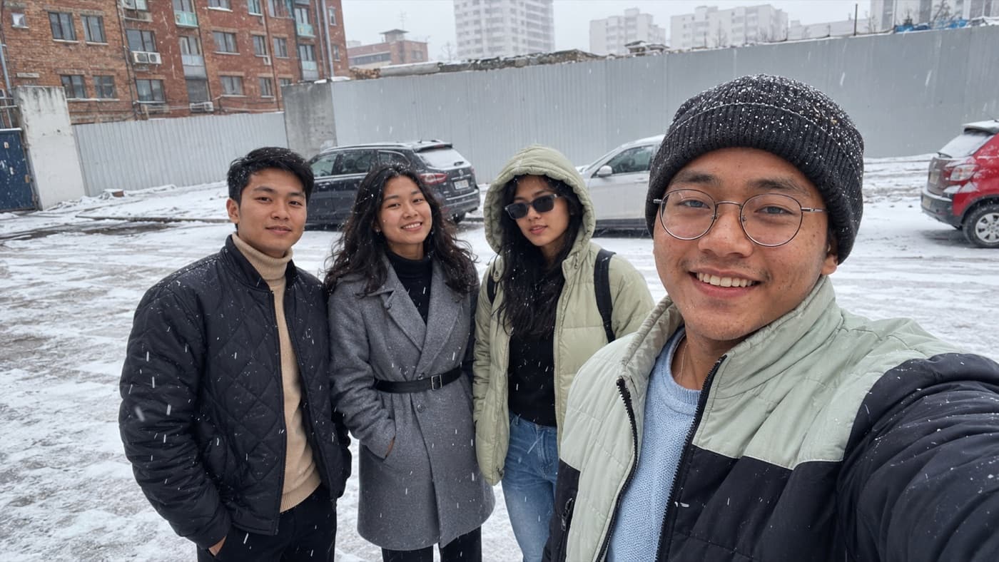 Four students smiling in a selfie while snow falls around them in their university town.